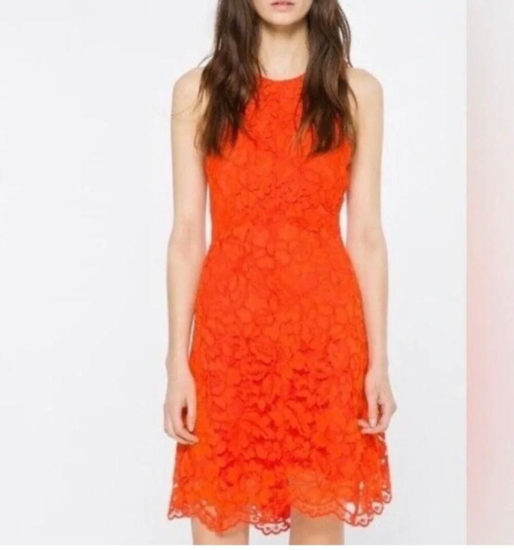 Sandro Paris Orange Lace Fit & Flare Riviera Mini Dress Size 1 US S NWT